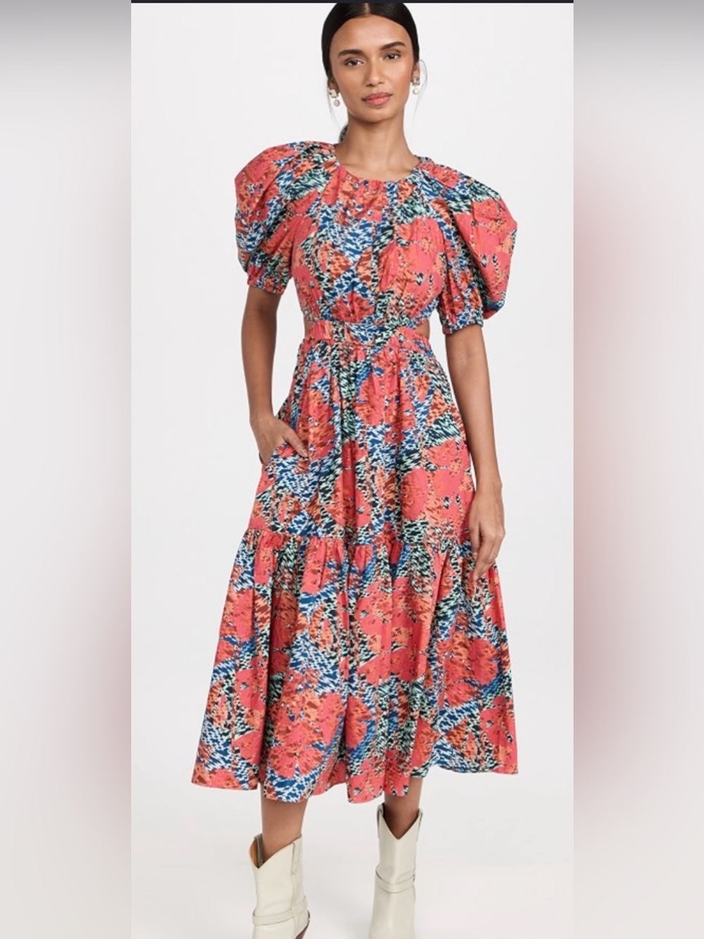 Ulla Johnson Coral and Blue Asymmetrical Floral Midi Dress